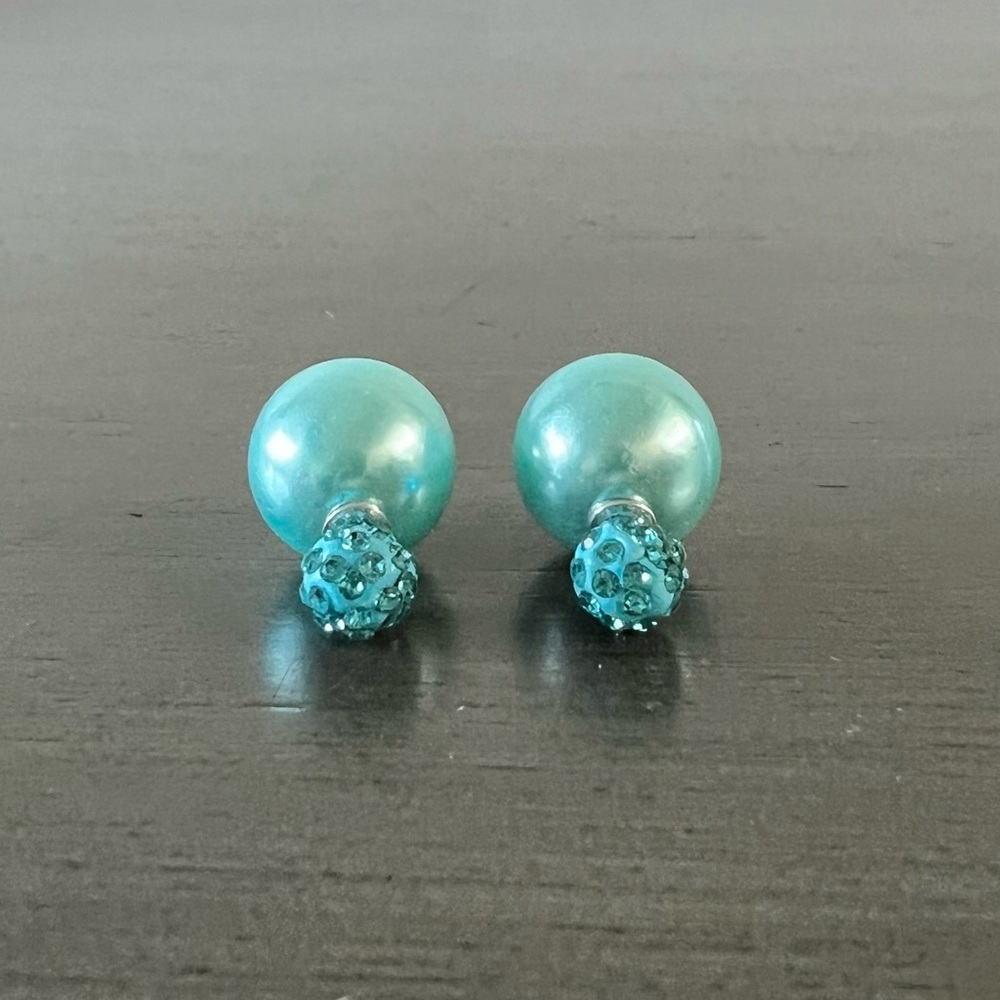 Light Blue Turquoise Rhinestone Post Pearl Double Sided Interchangeable Earrings